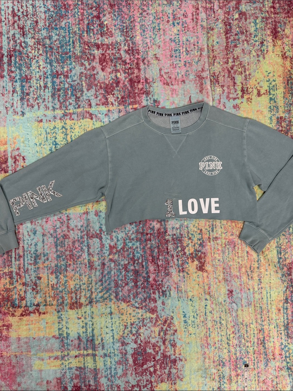 PINK Victoria's Secret Gray Cropped Crewneck with LOVE & Logo